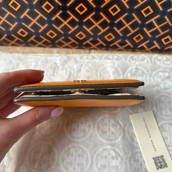 Tory Burch Blake Color Block Mini Wallet Orange Citrine Curly Ditsy Logo - Picture 2 of 10